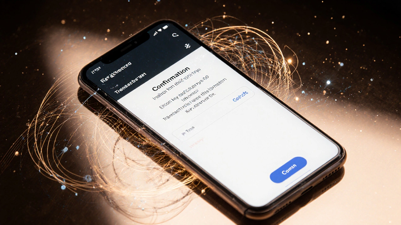 Interfaz de billetera digital con curvas matemáticas flotando detrás de una transacción de cripto confirmada.