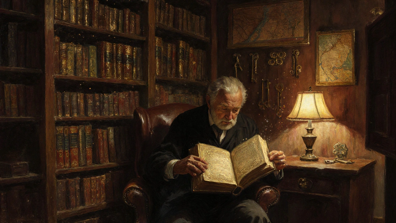 Interior de librería de libros antiguos con estantes altos y un librero abriendo un ejemplar del siglo XIX.