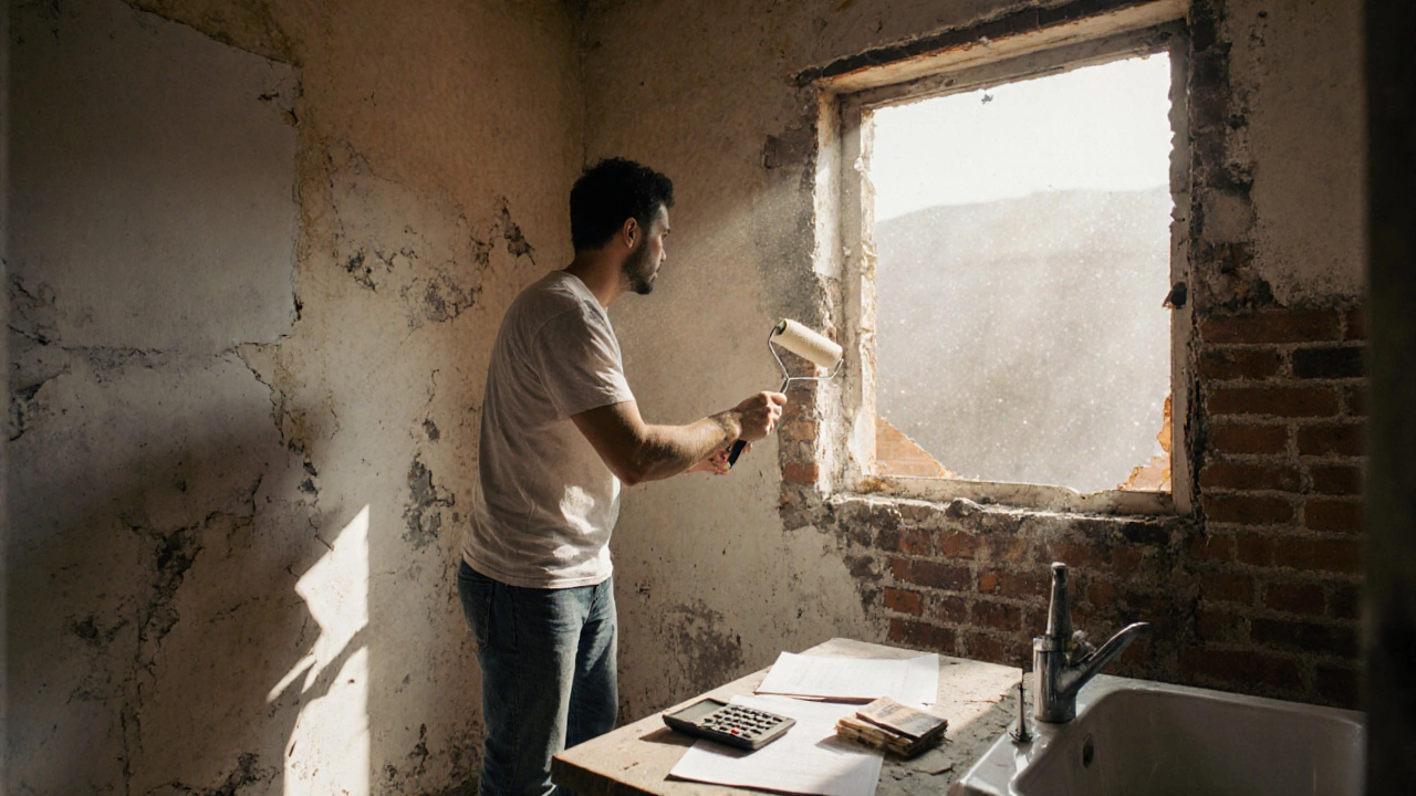 Inversor pintando una pared en casa en reforma en Liniers, con herramientas y contrato sobre mesa.