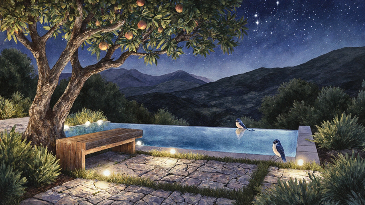 Jardín nocturno de lujo con iluminación sutil, piscina de borde infinito y banco de madera bajo un árbol frutal.