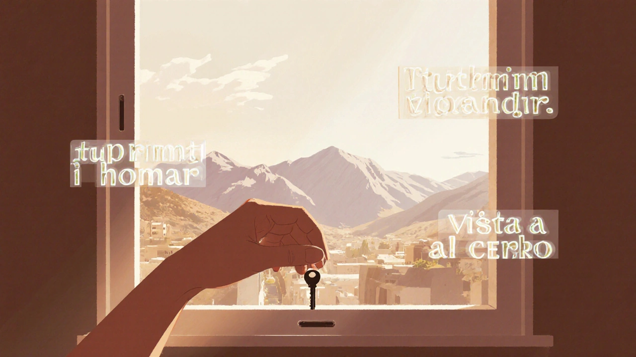 Mano colocando una llave en el alféizar de una ventana con vista a montañas, luz cálida y palabras flotantes.