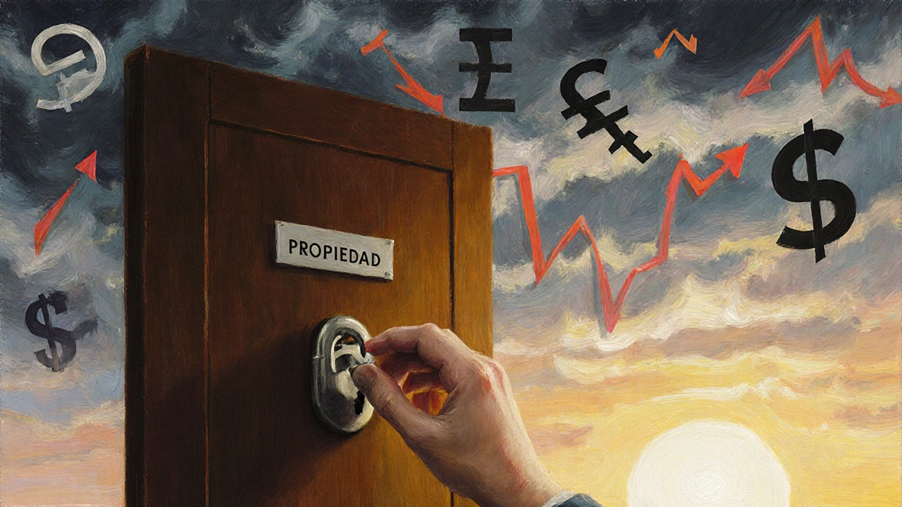 Mano colocando una llave en una puerta mientras los indicadores económicos se calman.