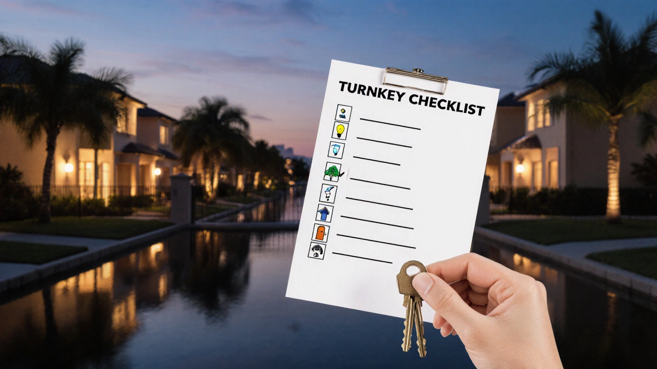 Mano sosteniendo llaves sobre una lista visual de elementos incluidos en una construcción llave en mano.