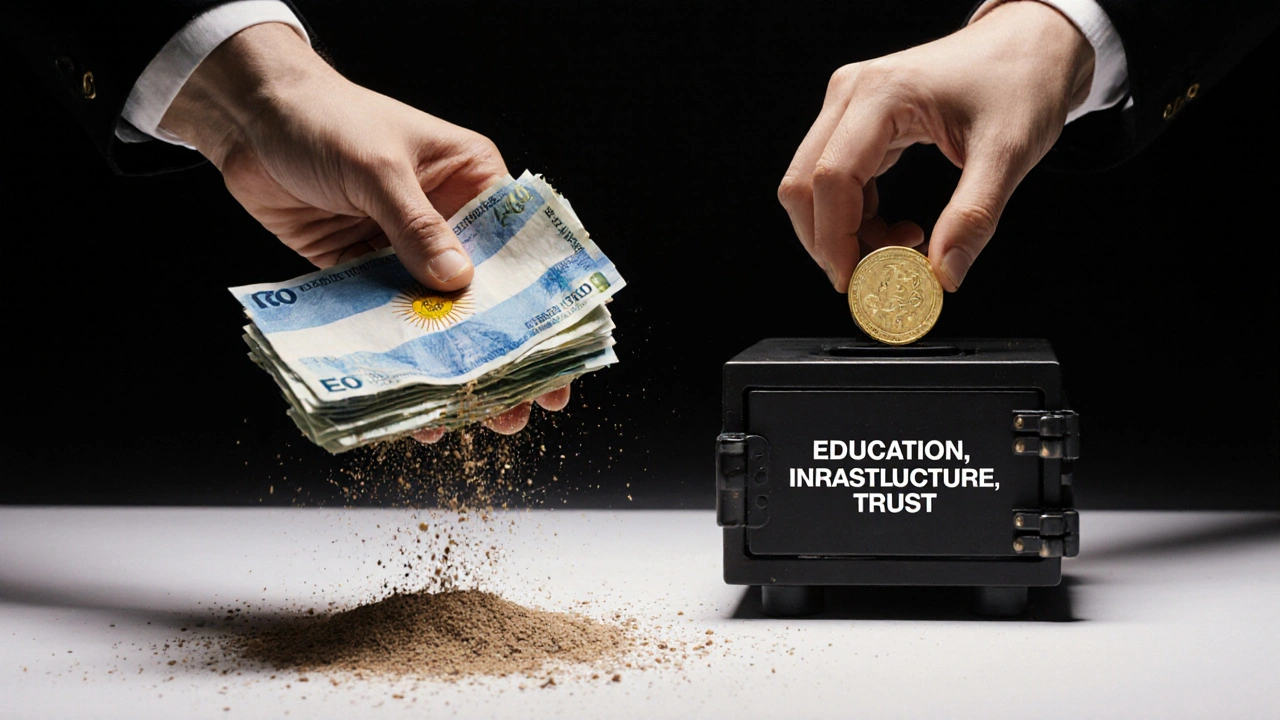 Manos contrastantes: una deshaciéndose en billetes devaluados, la otra colocando una moneda en una bóveda de confianza y inversión.