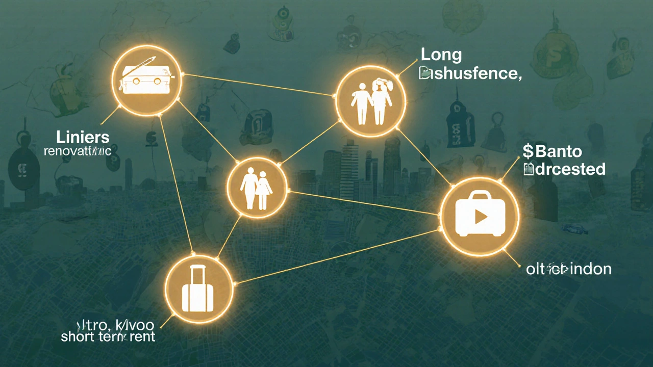 Mapa conceptual de barrios de Buenos Aires con flujos de renta y símbolos de inversión inmobiliaria.