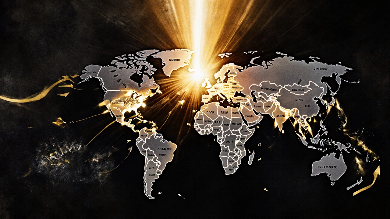 Mapa global ilustrado con puntos brillantes en Noruega, Suiza y Singapur, simbolizando riqueza sostenible por instituciones y educación.