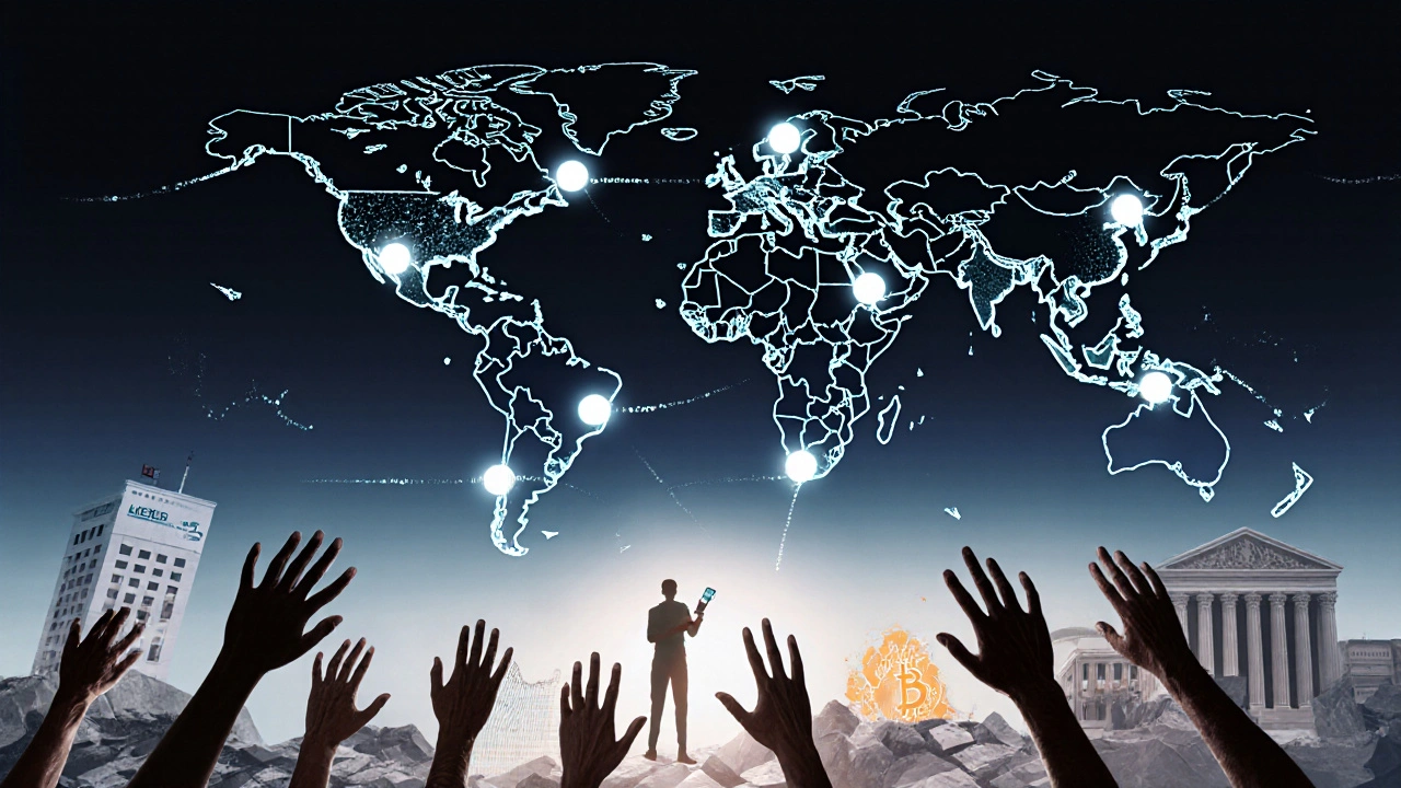 Mapa mundial con nodos de adopción de cripto y personas liberándose de sistemas bancarios tradicionales.