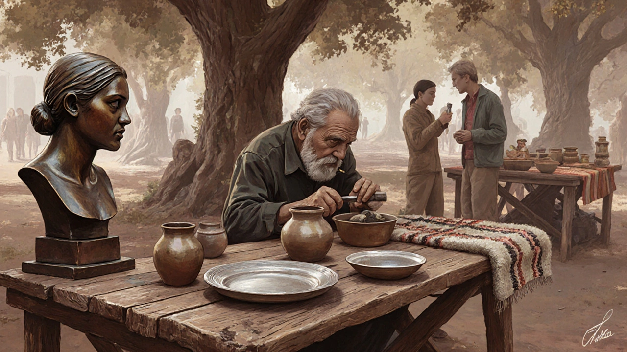 Mercado artesanal dominical en Recoleta con piezas de cerámica, bronce y textiles hechos a mano.