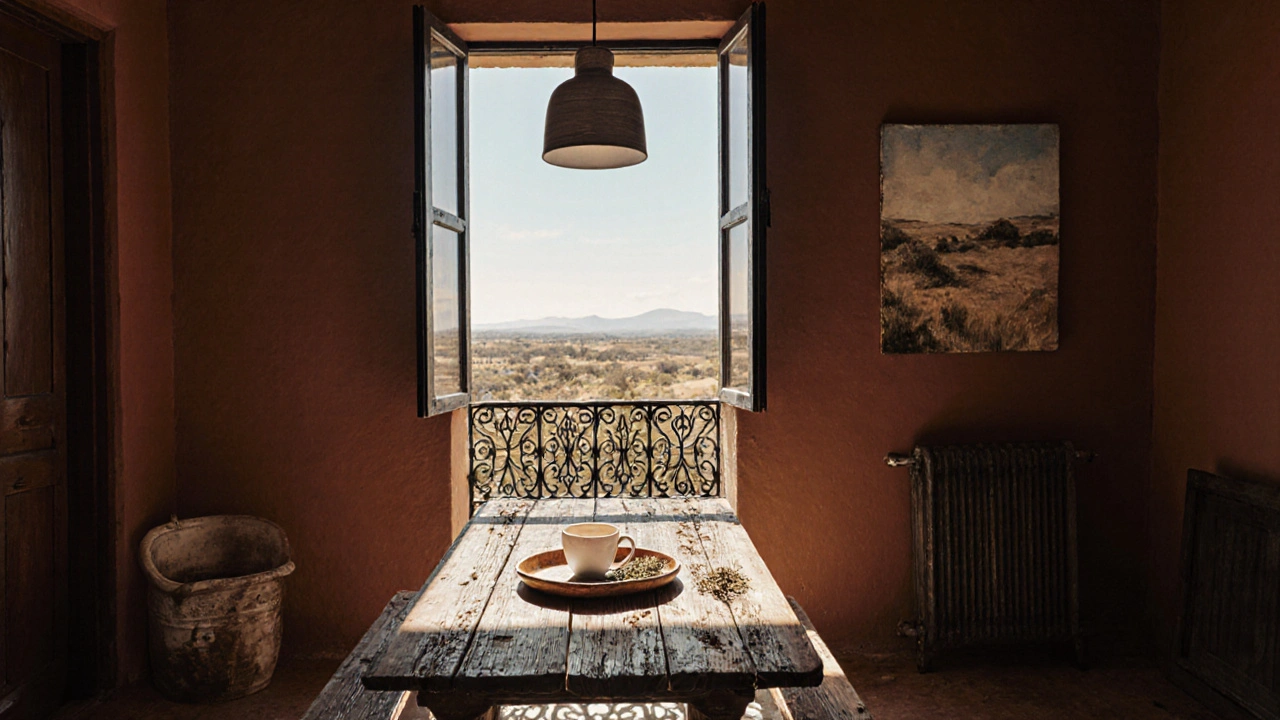 Mesa de quebracho con lámpara de cerámica, cuadro pintado a mano y paredes en tono tierra, en un ambiente que fusiona campo y ciudad.