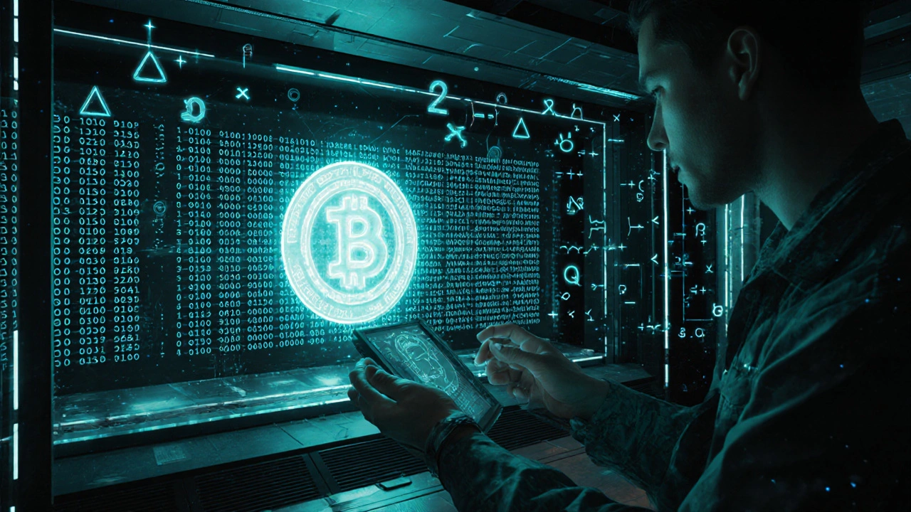 Múltiples firmas digitales fusionándose en una sola firma BLS en una sala de nodos blockchain con ecuaciones flotantes.