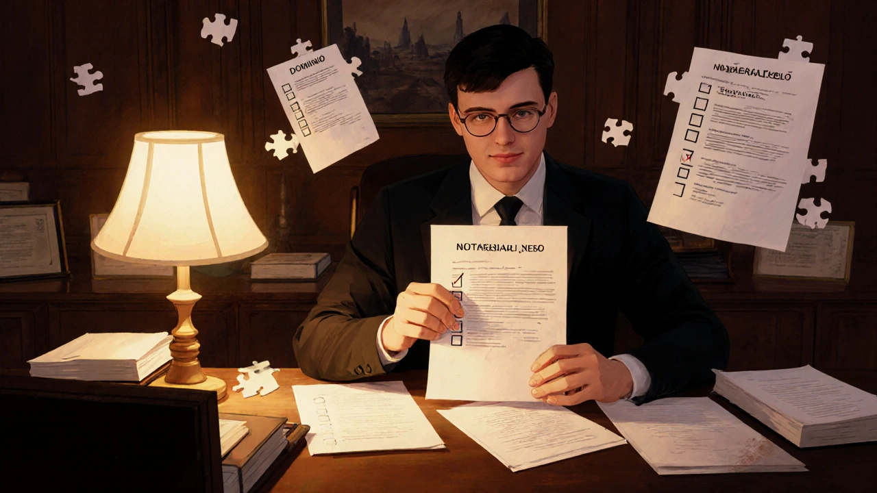 Notario firma una escritura pública mientras certificados flotan alrededor en una oficina legal.