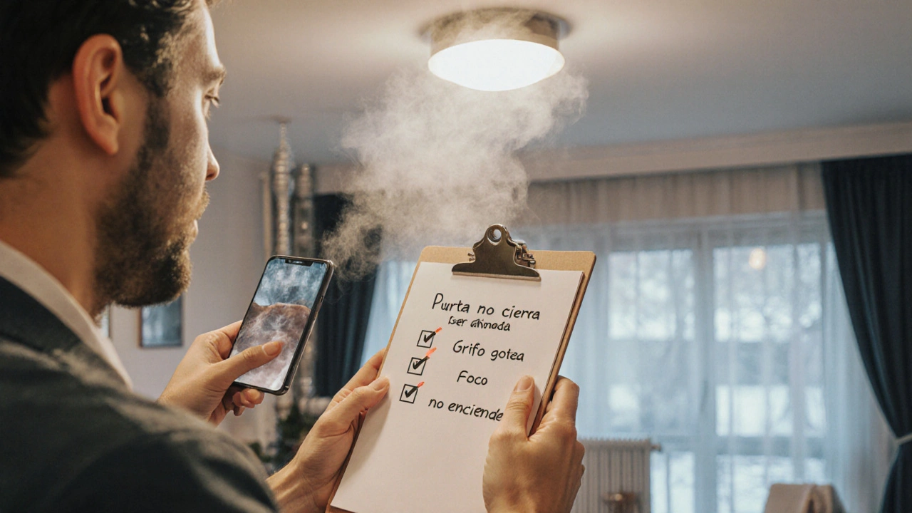 Propietario fotografiando un radiador frío en la parte superior mientras anota daños en una lista de inspección.