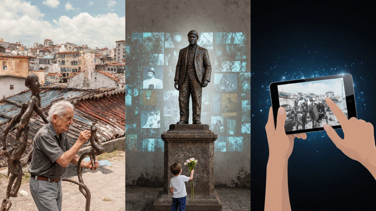 Tapestry de La Boca: manos artesanas, tecnología y memoria histórica unidas en una escena simbólica.