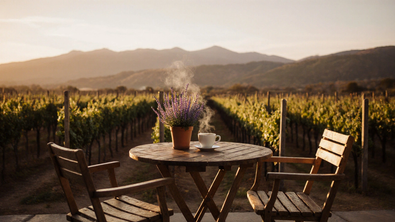 Terraza con mesa, sillas y planta de lavanda, con viñedos borrosos al fondo al atardecer.