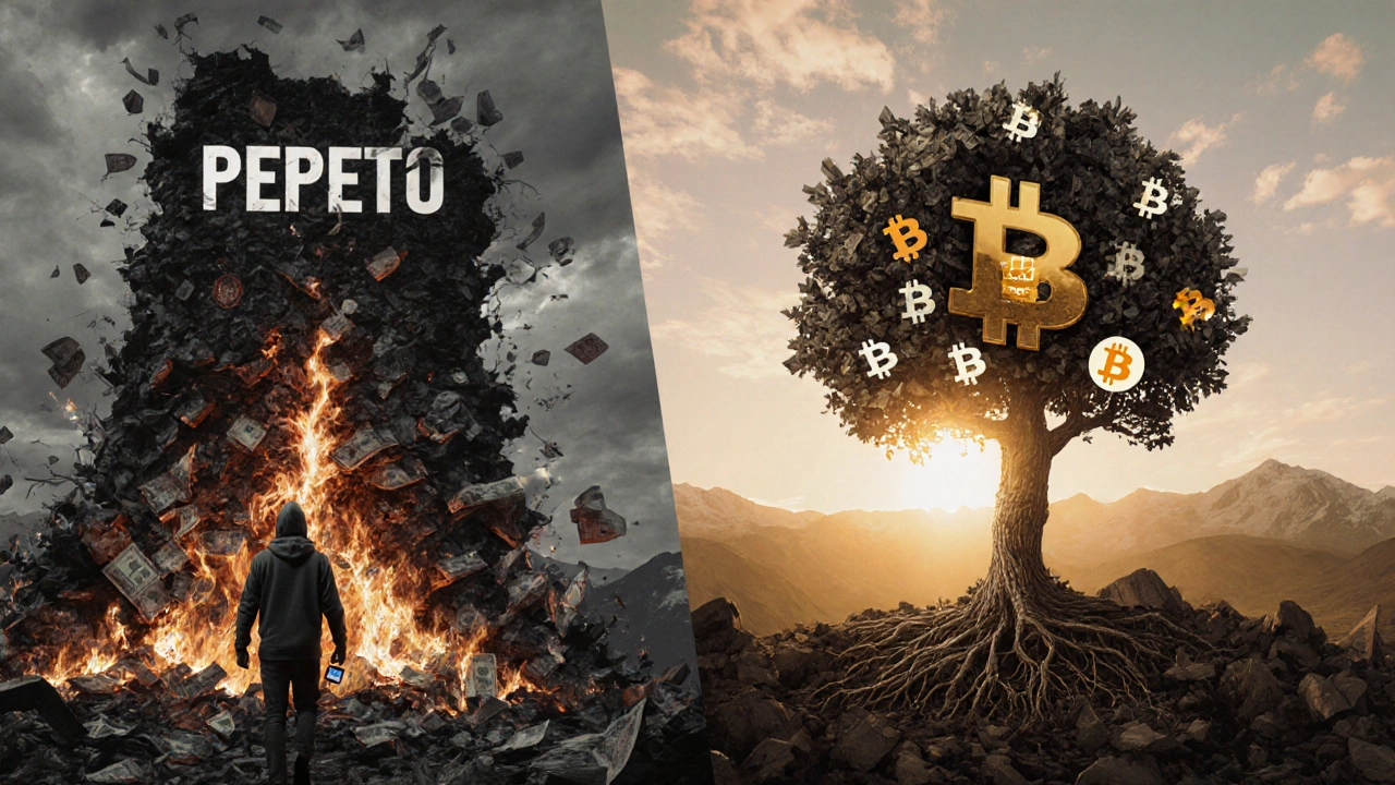 Torre de hype en llamas vs. árbol de Lightning Network creciendo bajo el amanecer, con una figura caminando hacia el futuro.