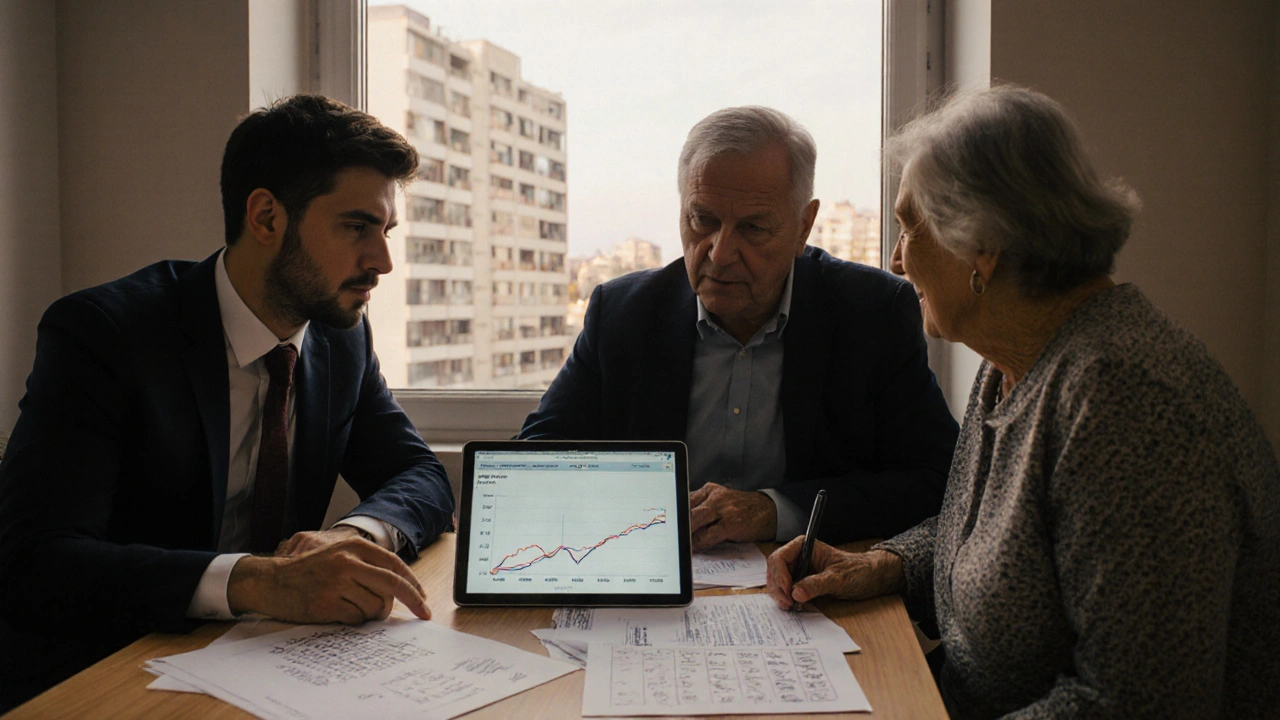 Tres inversores analizando gráficos ICL y alquileres en una oficina inmobiliaria en Argentina.