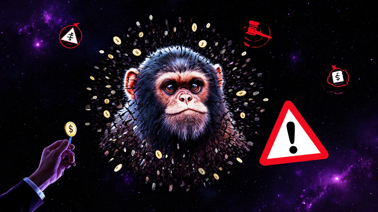 Un NFT Bored Ape fracturado en cientos de tokens digitales, con advertencias de riesgos cibernéticos y legales.