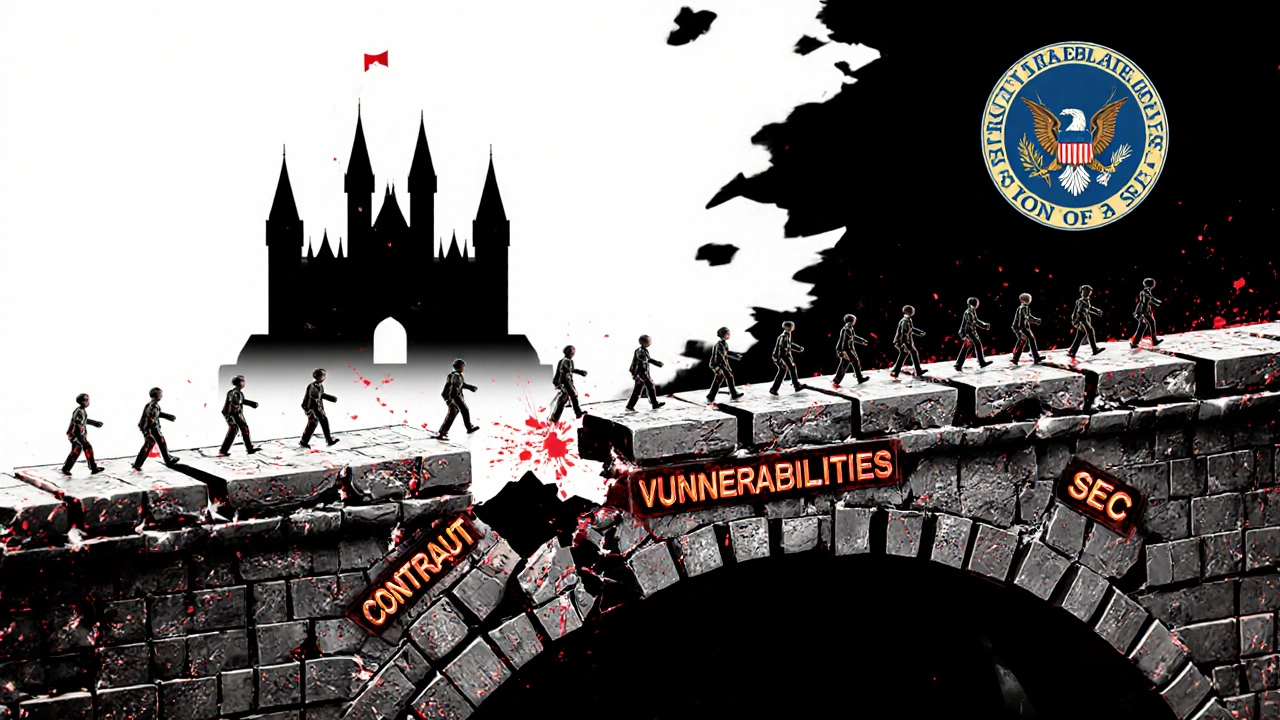 Una puente digital colapsando hacia un castillo &#039;Buyout&#039;, con inversores cayendo en grietas de vulnerabilidades.