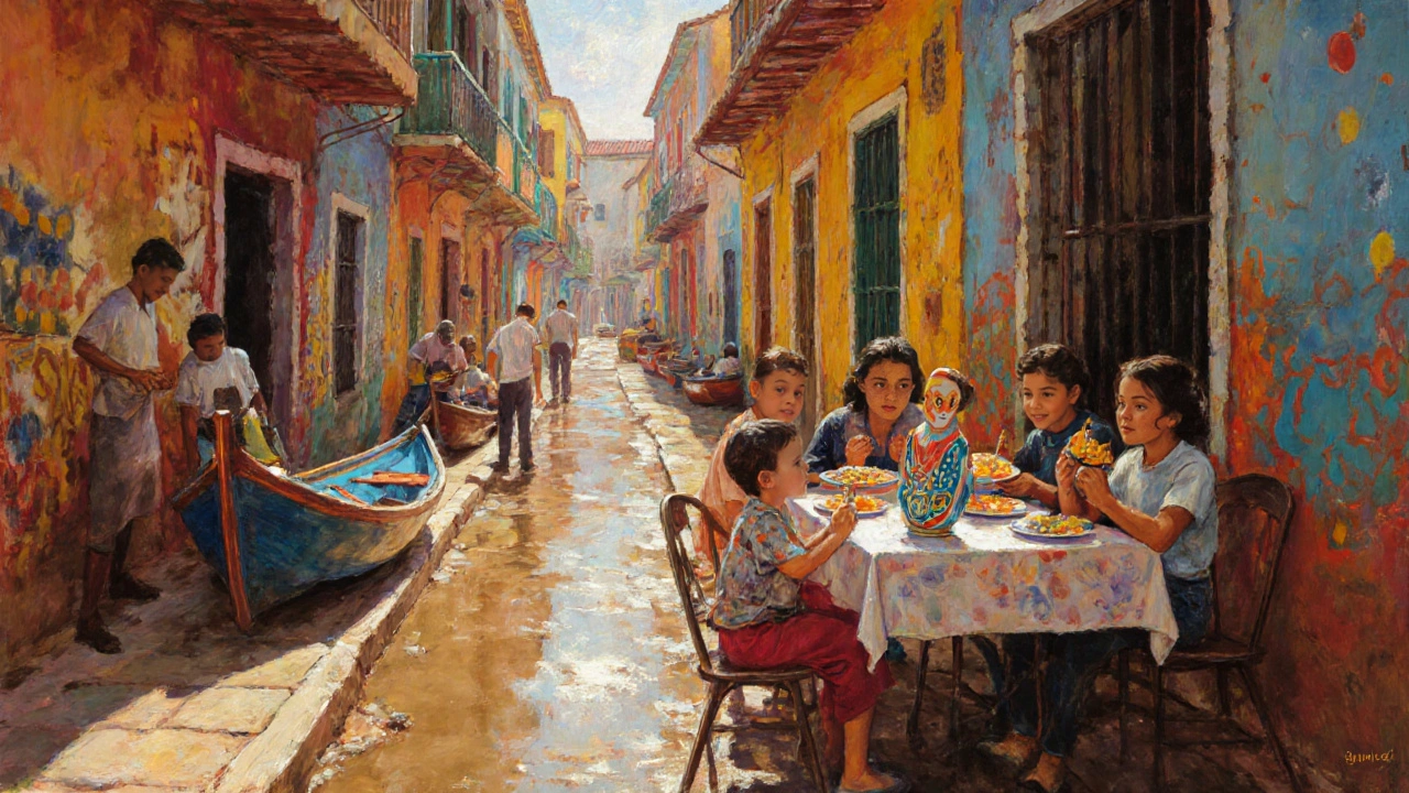 Vecinos compartiendo locro en el Caminito, con paredes pintadas a mano y artesanos reparando barcos al fondo.