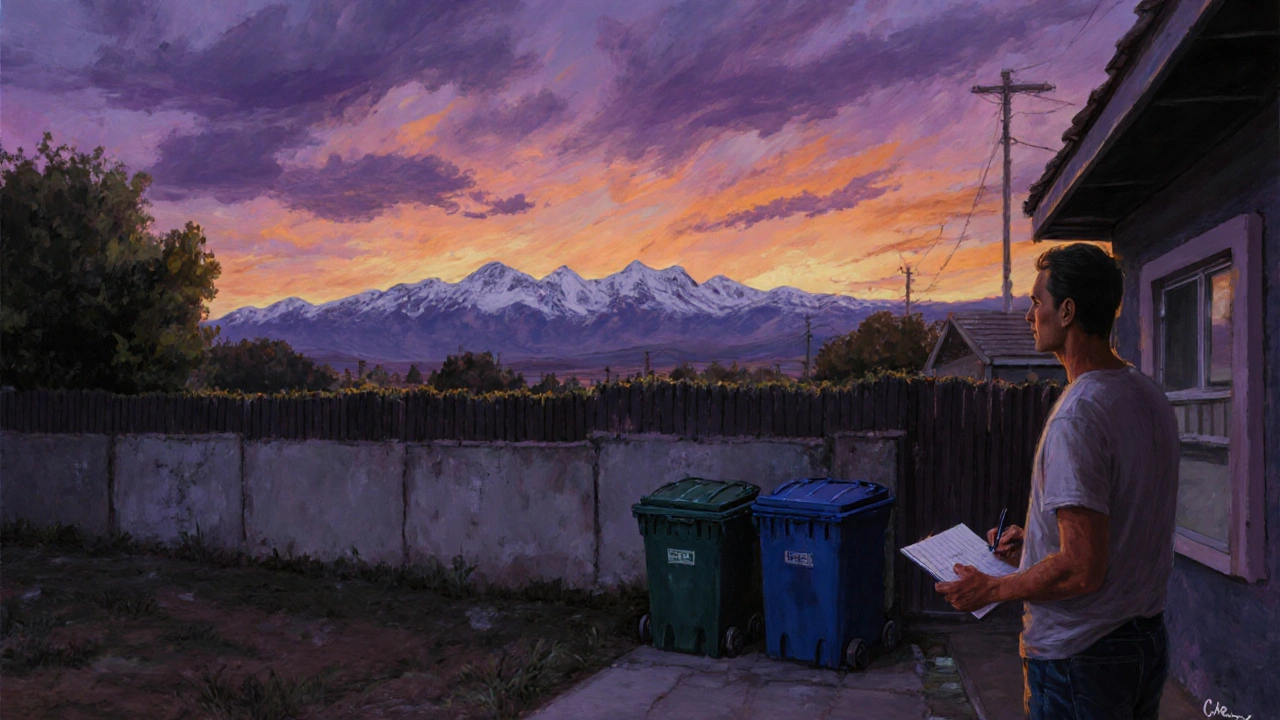 Vista de montañas desde un lote, pero con contenedores de basura y un muro de hormigón en primer plano.