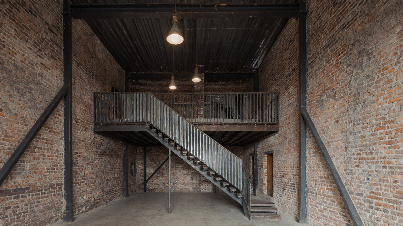 Vivienda industrial con vigas de acero y ladrillo visto, escalera de metal corrugado y luz natural entrando por ventanas grandes.