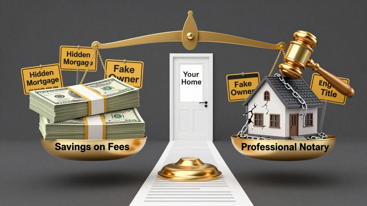 Balanza que compara ahorros con riesgos legales, con un escribano garantizando seguridad.