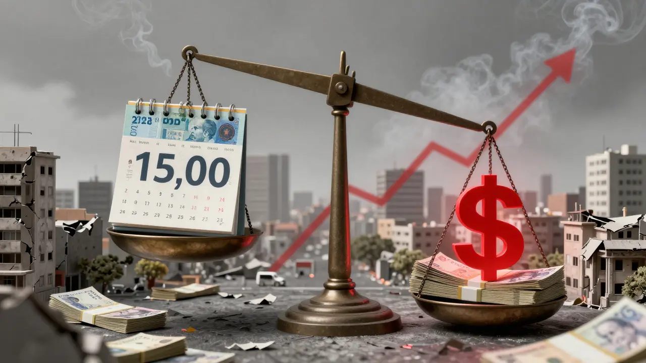 Balanza que compara una cuota fija en pesos con pilas de monedas devaluadas y gráficos de inflación en una ciudad argentina.