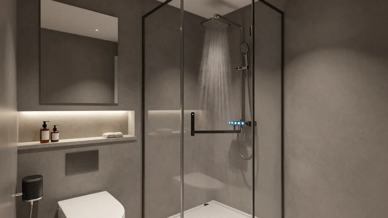 Baño pequeño con paredes de vidrio sin marcos, espejo antivaho y sistema de vapor integrado, diseño moderno y funcional.