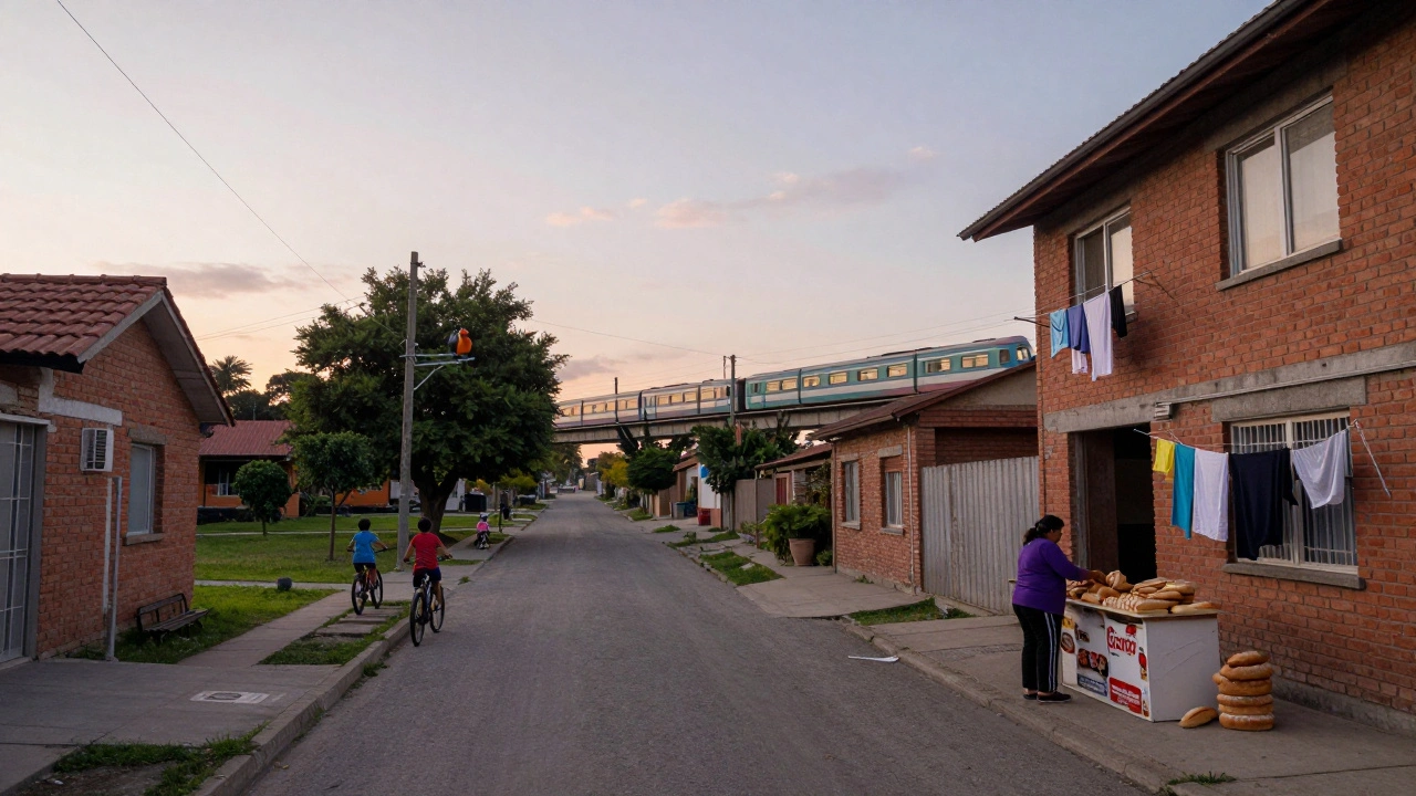 Barrio residencial de Belgrano R al amanecer, con casas bajas, niños en bicicleta y una panadería tradicional.