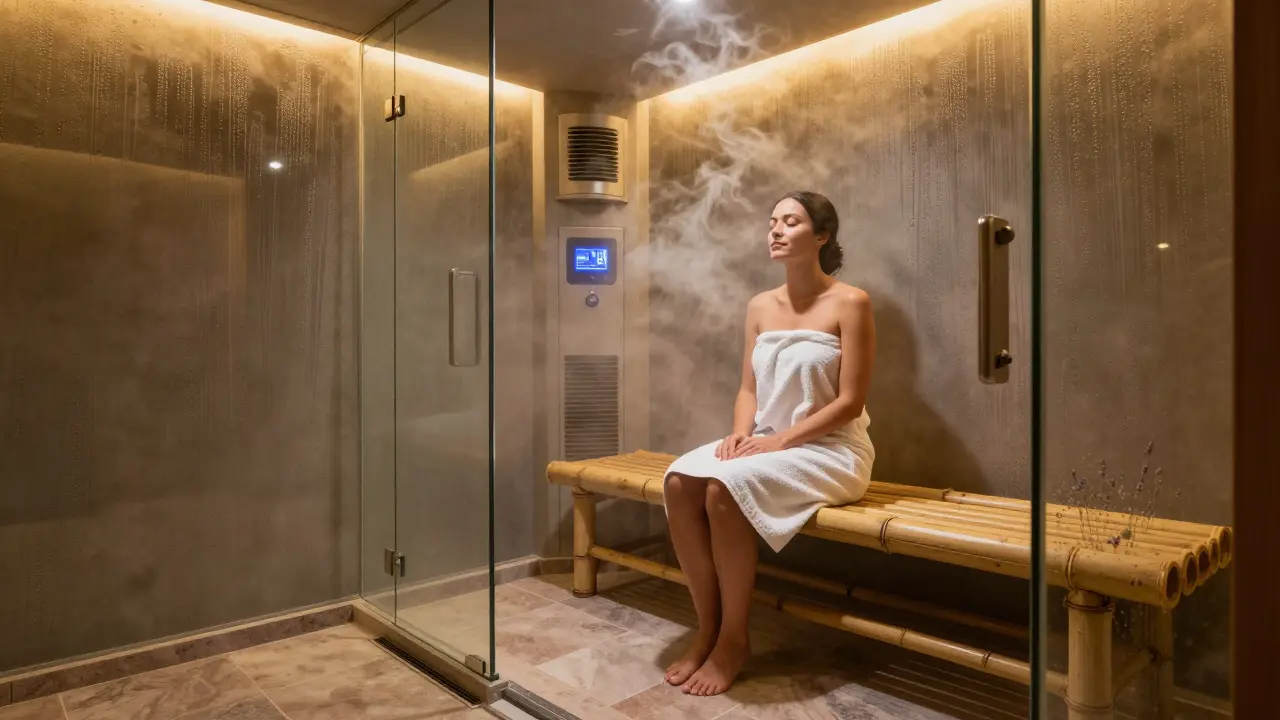 Cabina de vapor iluminada en tonos cálidos, mujer relajada en banco de bambú, vapor suave envolviendo el espacio.