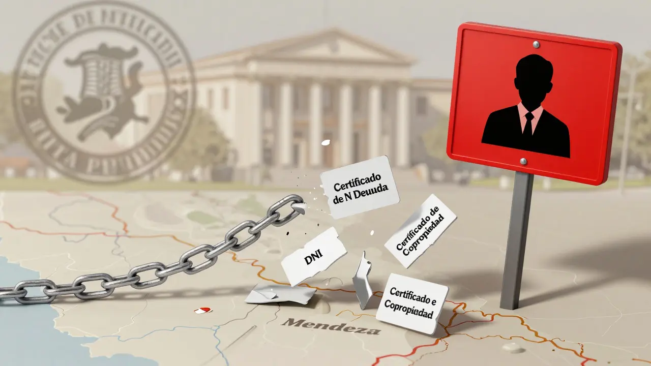 Cadena de documentos inmobiliarios rota sobre un mapa de Mendoza, simbolizando trámites incompletos.