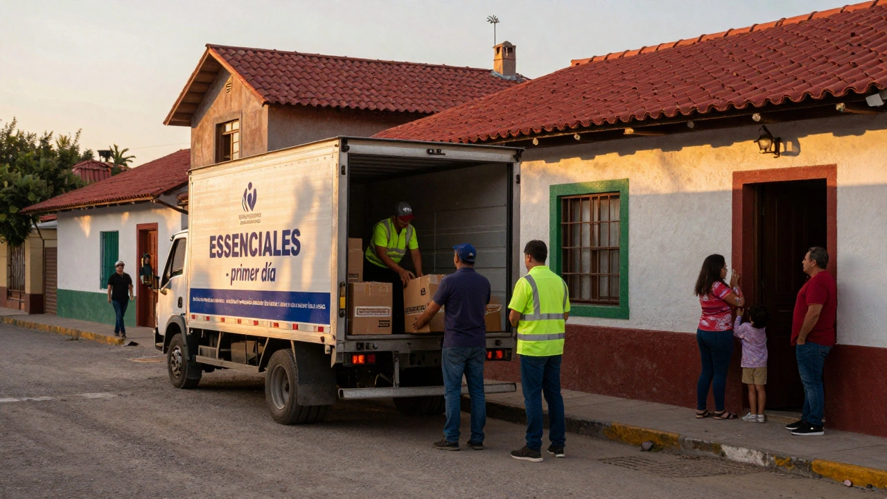 Camión de mudanza cargando en barrio de Mendoza al atardecer, familia observa con caja de esenciales.