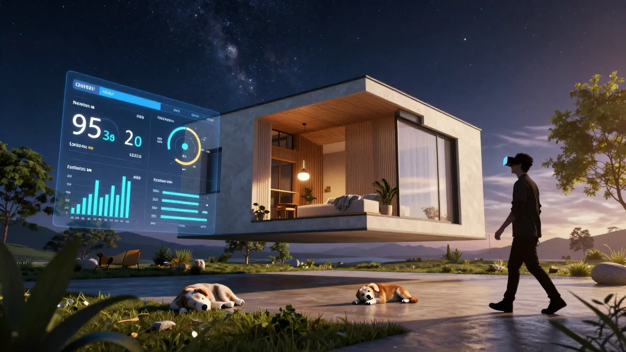 Casa digital flotante en realidad virtual con datos en tiempo real y una silueta caminando por el interior.