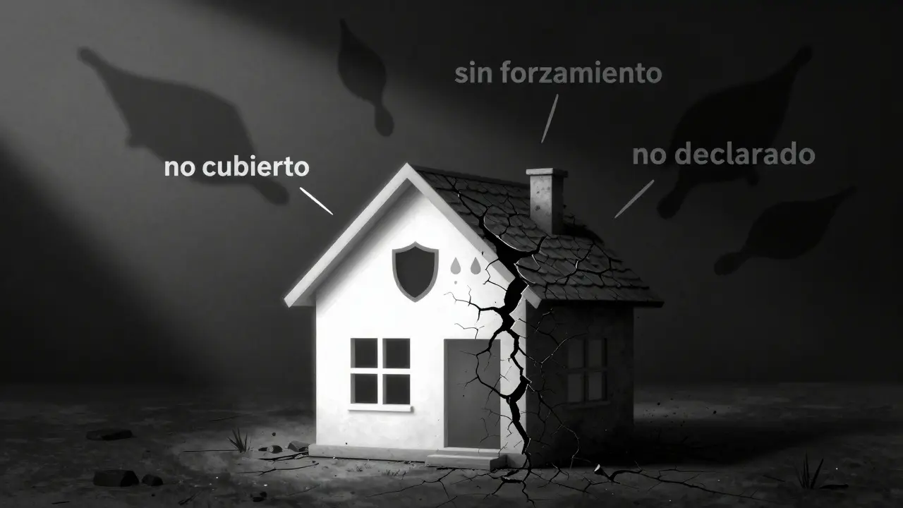 Casa dividida entre cobertura completa y exclusiones invisibles en sombras oscuras.