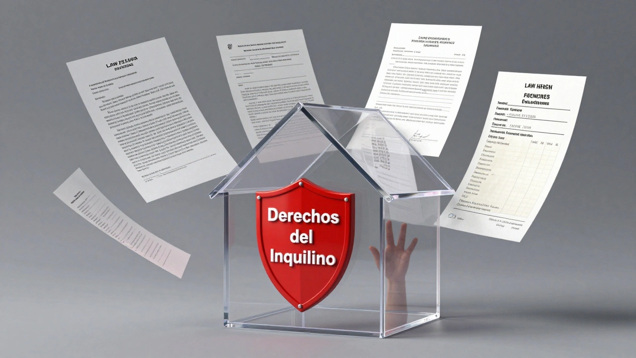 Casa transparente con documentos legales flotantes que protegen al inquilino de presiones ilegales.