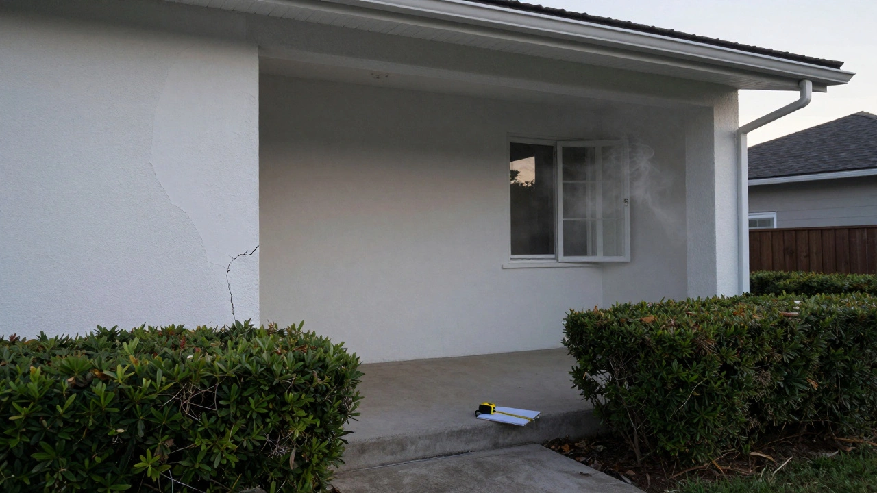 Casa vacía al amanecer con grieta tapada y detalles que ocultan problemas ocultos.