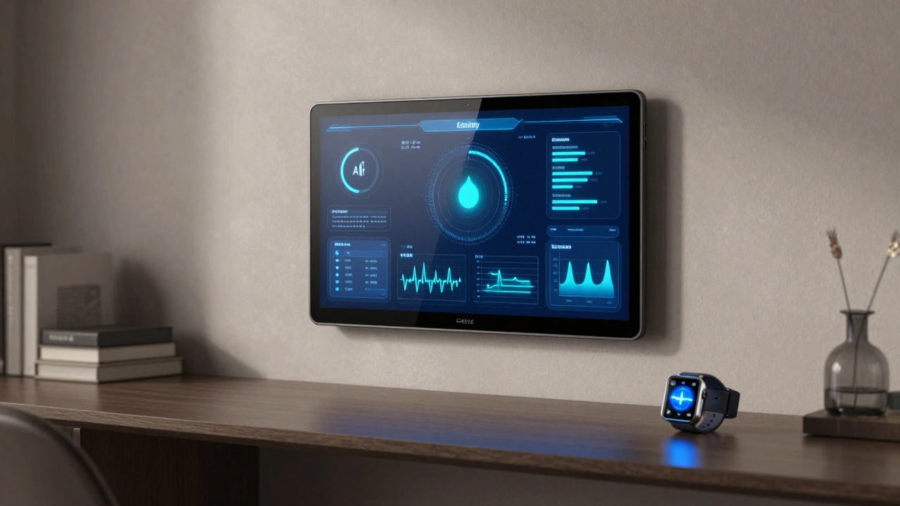 Centro de control de una casa inteligente con datos ambientales en tiempo real y reloj inteligente.