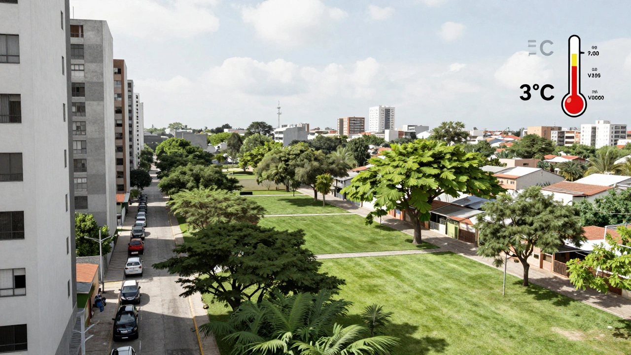 Comparación visual: barrio denso vs. Agronomía con jardines obligatorios y árboles nativos.