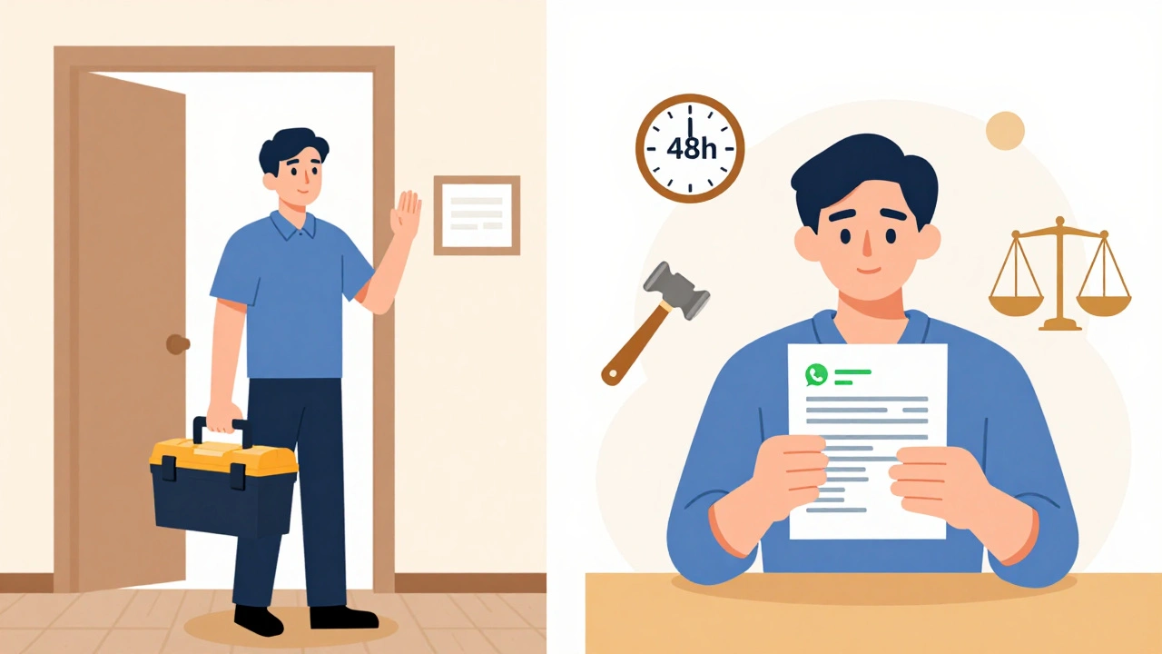 Comparación visual entre entrada ilegal del propietario y el inquilino ejerciendo su derecho legal.