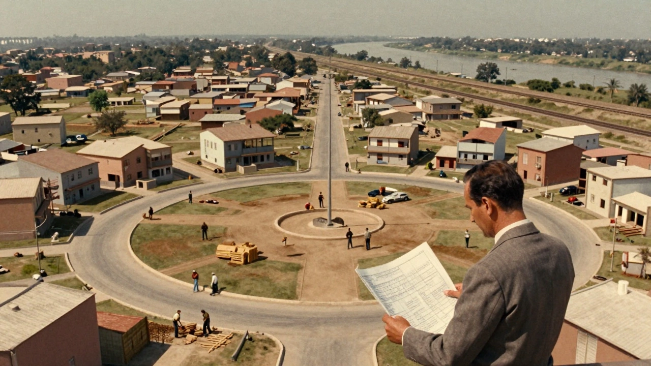 Construcción de Parque Chas en los años 50, obreros y arquitectos planificando calles circulares.