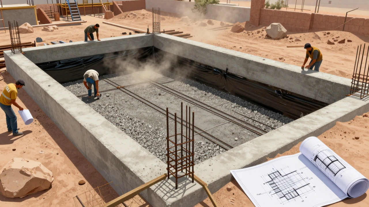Construcción de piscina con armadura de acero y membrana impermeabilizante en terreno rocoso de Mendoza.