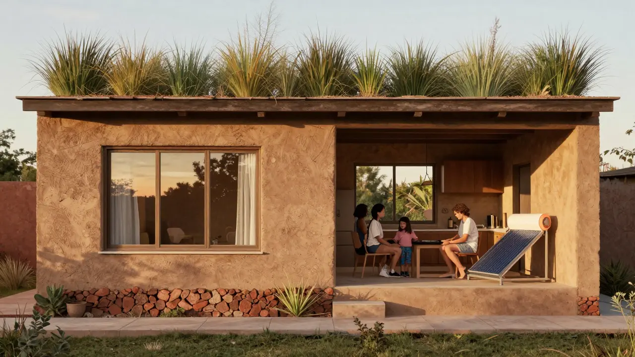 Corte transversal de una casa sostenible argentina mostrando muros de alta masa térmica, ventanas dobles y techo verde.