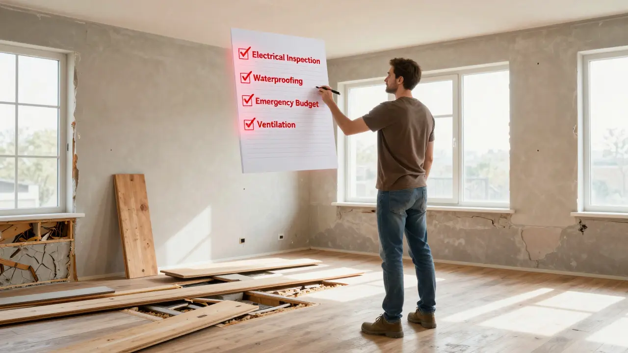 Dueño de departamento mirando pisos dañados por termitas, con checklist de errores de reforma flotando.