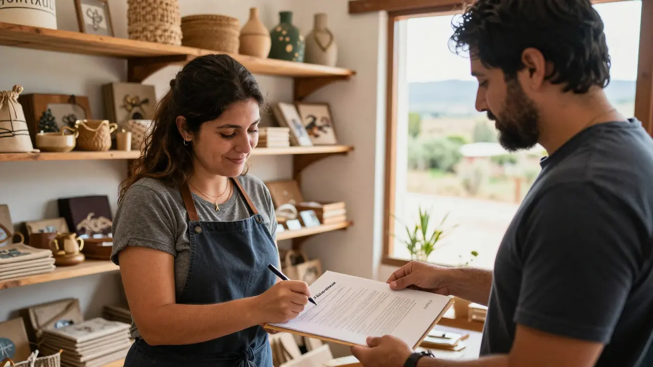 Dueño de negocio firmando contrato con cooperativa en Mendoza, rodeado de productos artesanales.