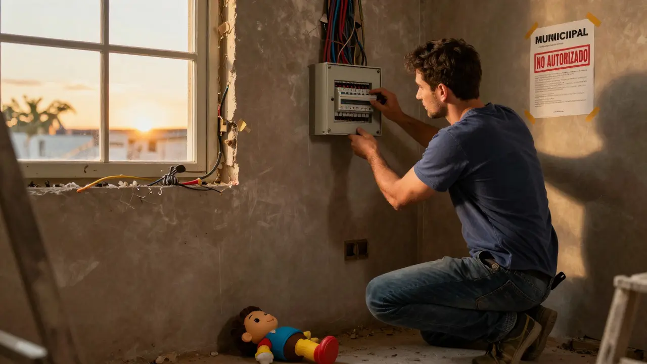 Electricista revisa un panel eléctrico peligroso en una casa argentina con cables expuestos.