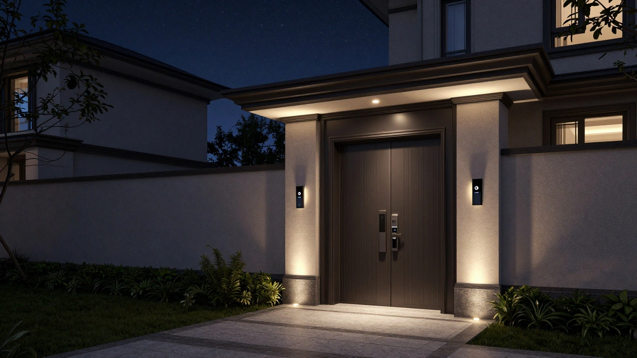 Exterior de una casa de lujo por la noche con seguridad invisible y puerta de reconocimiento facial.