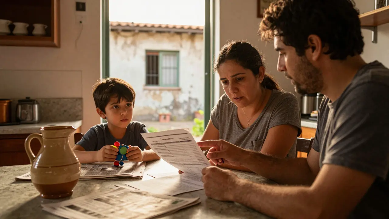 Familia en Argentina analiza su seguro de hogar en la cocina con un resaltador.