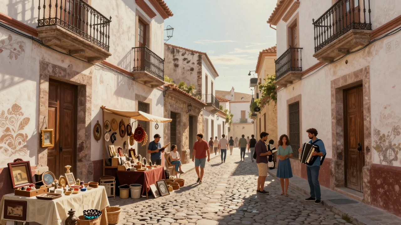 Feria dominical en San Telmo, con calles empedradas, puestos de artesanías y músicos callejeros.