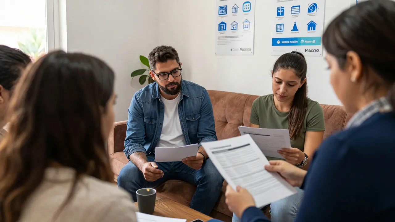 Grupo recibiendo asesoría financiera en un centro comunitario de Mendoza.
