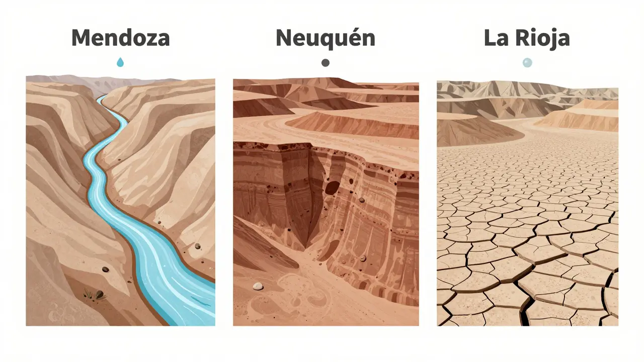 Ilustración comparativa de tres regiones argentinas con sus características geológicas de pozos: Mendoza, Neuquén y La Rioja.